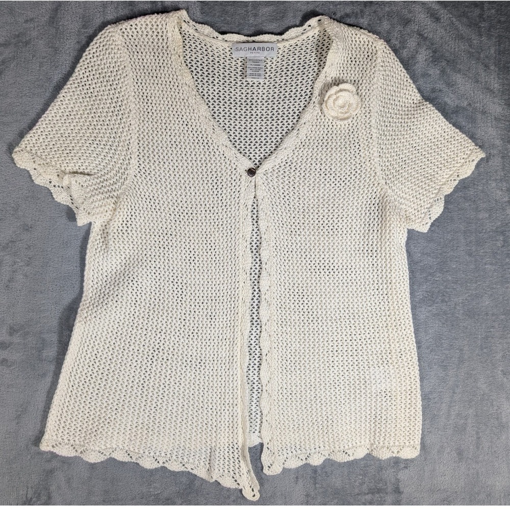 VTG Sag Harbor Petite Open Knit Cardigan Sweater Womens PL Cream Rosette 90s